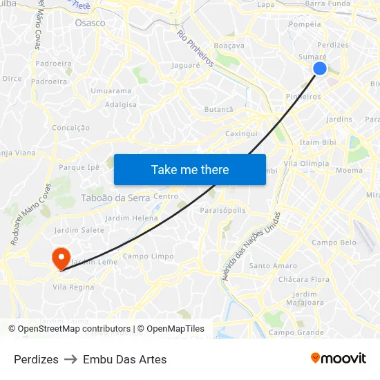 Perdizes to Embu Das Artes map