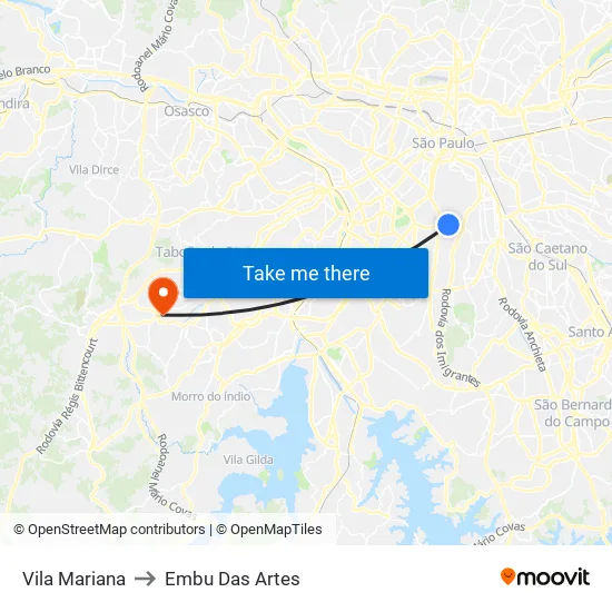 Vila Mariana to Embu Das Artes map