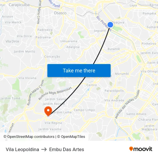 Vila Leopoldina to Embu Das Artes map