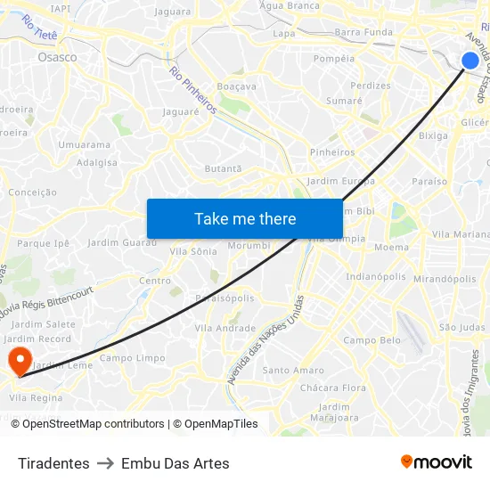 Tiradentes to Embu Das Artes map