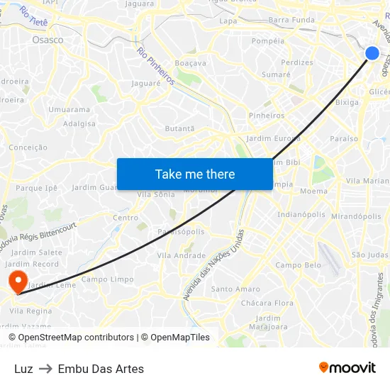 Luz to Embu Das Artes map