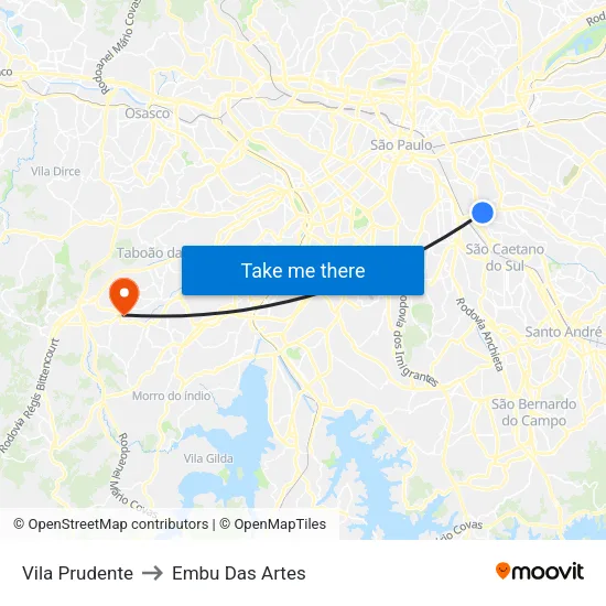 Vila Prudente to Embu Das Artes map