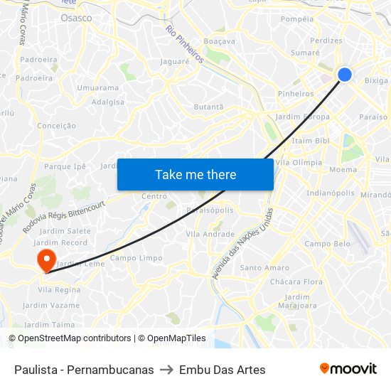 Paulista - Pernambucanas to Embu Das Artes map