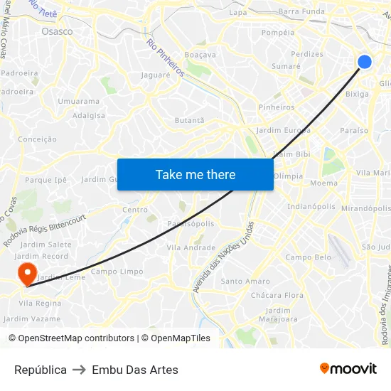 República to Embu Das Artes map