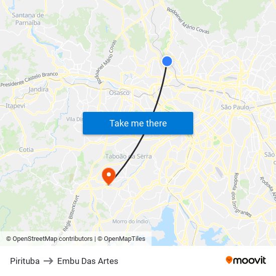 Pirituba to Embu Das Artes map
