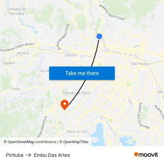 Pirituba to Embu Das Artes map