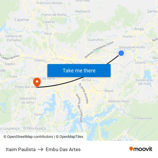 Itaim Paulista to Embu Das Artes map