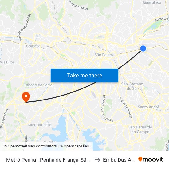 Terminal Metrô Penha Norte - Penha de França, São Paulo to Embu Das Artes map