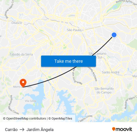 Carrão to Jardim Ângela map