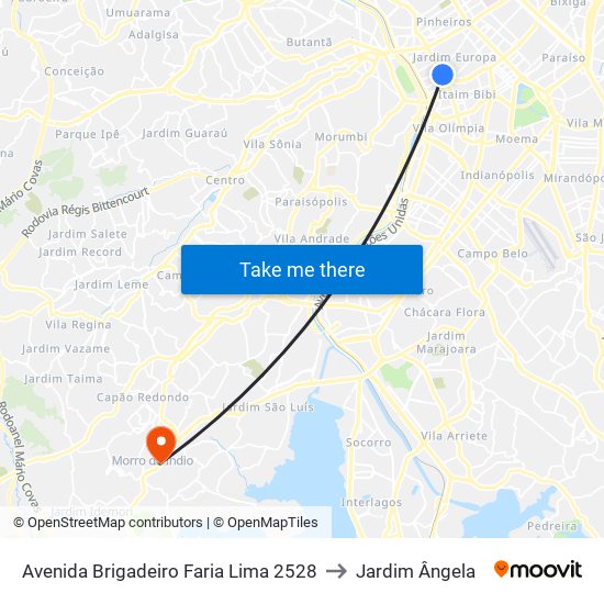 Avenida Brigadeiro Faria Lima 2528 to Jardim Ângela map