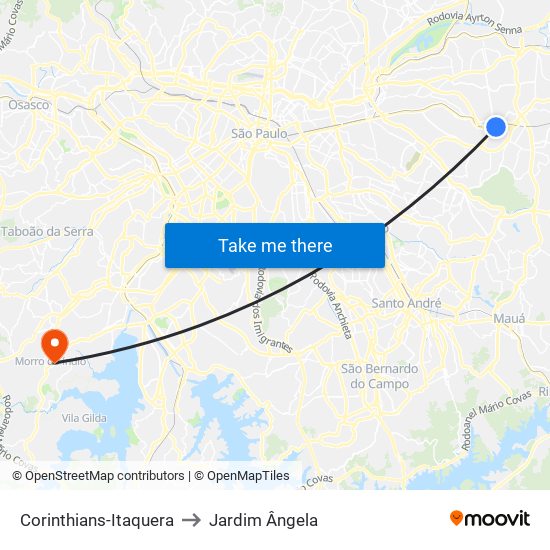 Corinthians-Itaquera to Jardim Ângela map