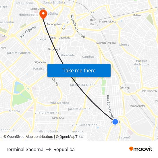 Terminal Sacomã to República map