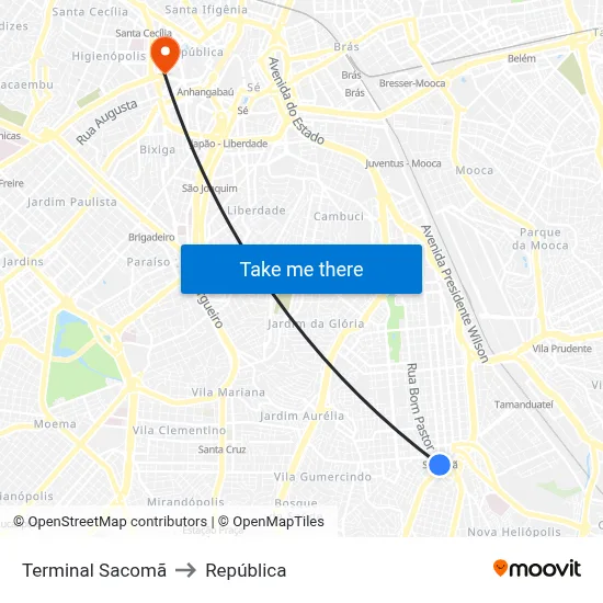 Terminal Sacomã to República map