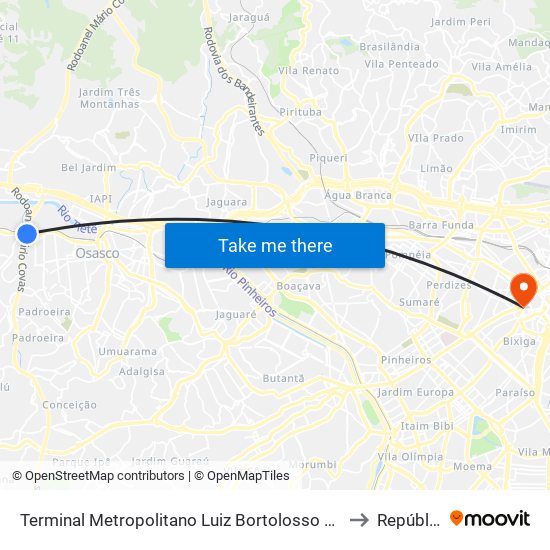 Terminal Metropolitano Luiz Bortolosso / Km 21 to República map