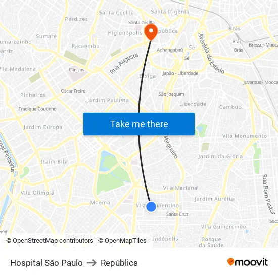 Hospital São Paulo to República map