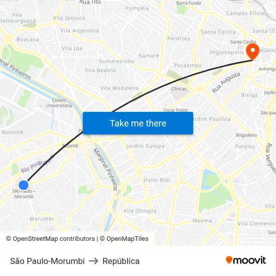 São Paulo-Morumbi to República map