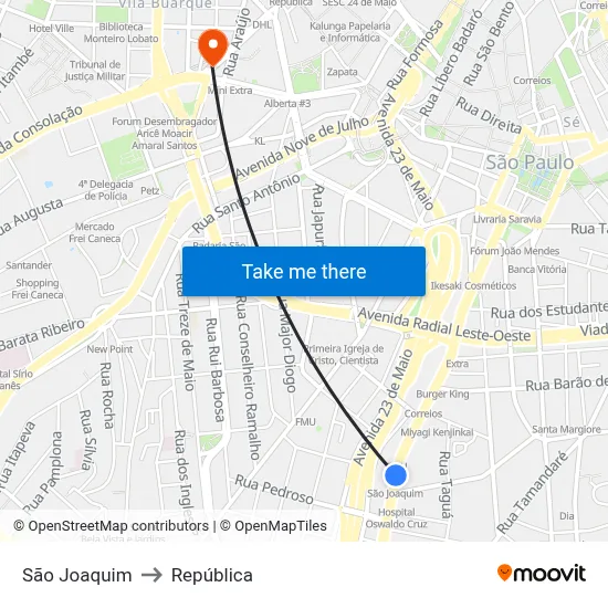 São Joaquim to República map
