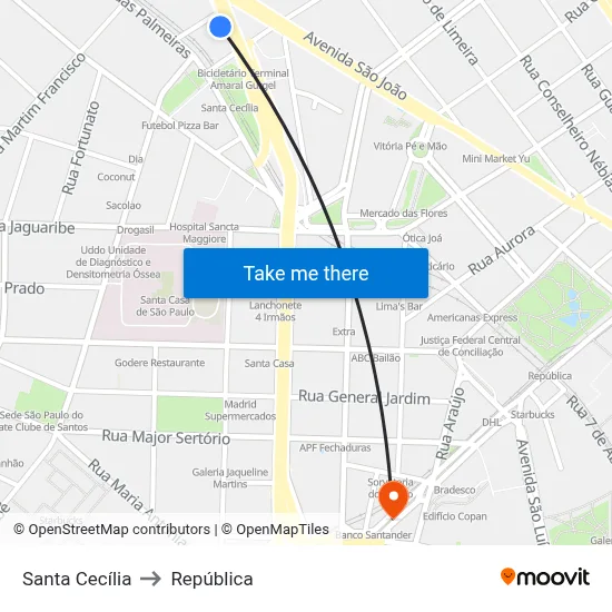 Santa Cecília to República map