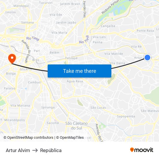 Artur Alvim to República map