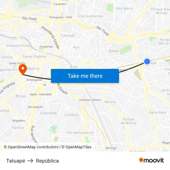 Tatuapé to República map