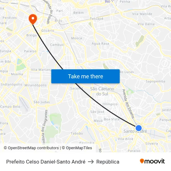 Prefeito Celso Daniel-Santo André to República map