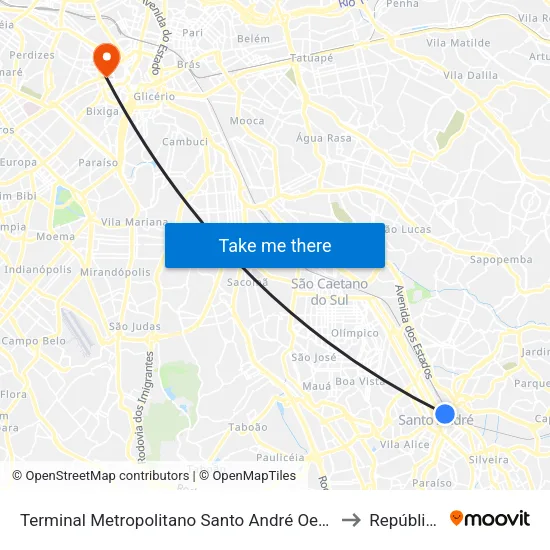Terminal Metropolitano Santo André Oeste to República map