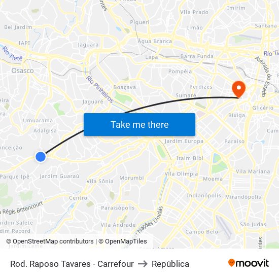 Rod. Raposo Tavares - Carrefour to República map