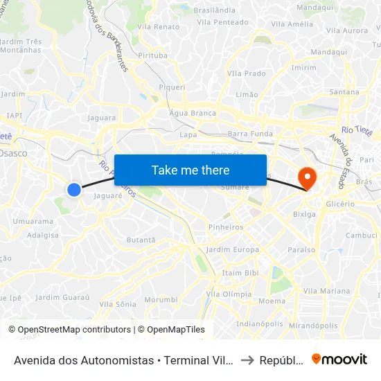Avenida dos Autonomistas • Terminal Vila Yara to República map