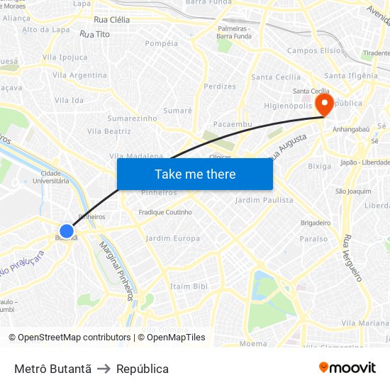 Metrô Butantã to República map