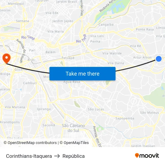 Corinthians-Itaquera to República map