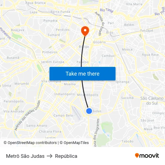 Metrô São Judas to República map