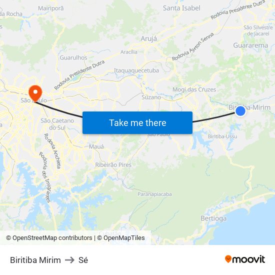 Biritiba Mirim to Sé map