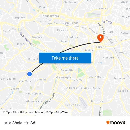 Vila Sônia to Sé map