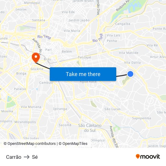 Carrão to Sé map