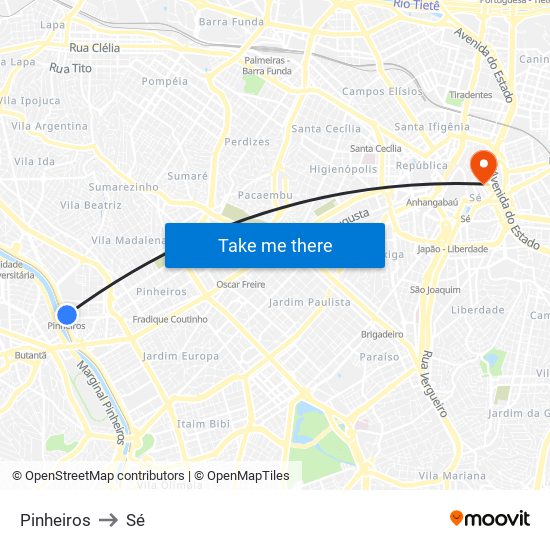 Pinheiros to Sé map