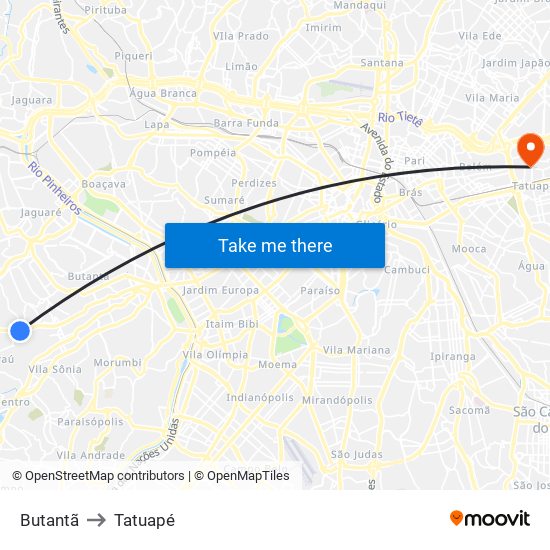 Butantã to Tatuapé map