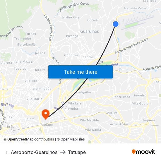 ✈️ Aeroporto-Guarulhos to Tatuapé map