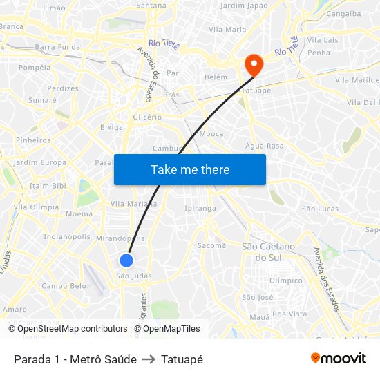 Parada 1 - Metrô Saúde to Tatuapé map