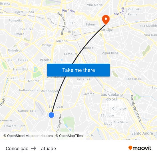 Conceição to Tatuapé map