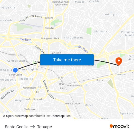Santa Cecília to Tatuapé map