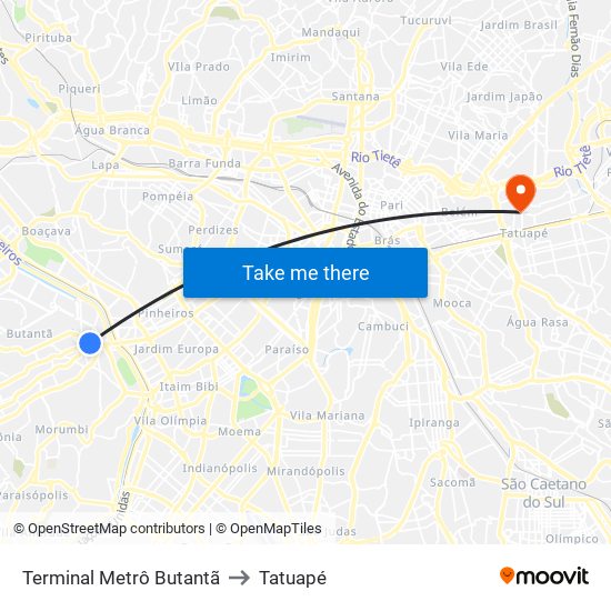 Terminal Metrô Butantã to Tatuapé map