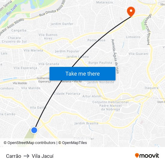 Carrão to Vila Jacuí map
