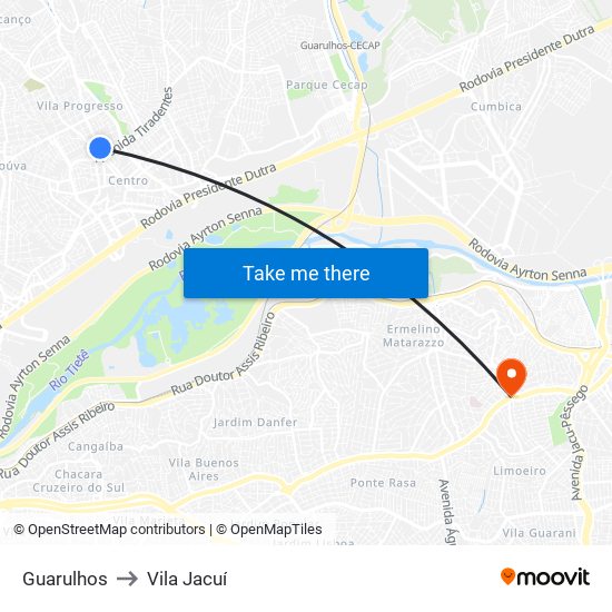 Guarulhos to Vila Jacuí map