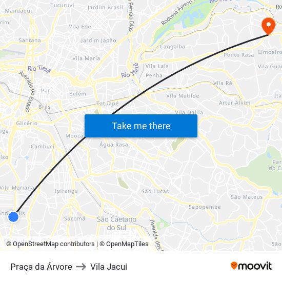 Praça da Árvore to Vila Jacuí map