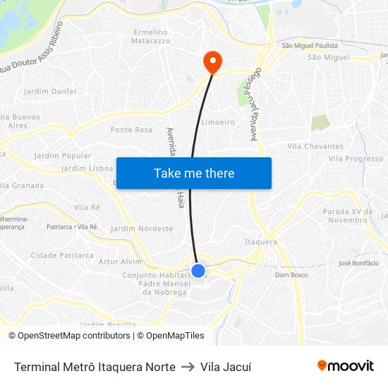 Terminal Metrô Itaquera Norte to Vila Jacuí map