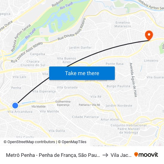 Metrô Penha - Penha de França, São Paulo to Vila Jacuí map