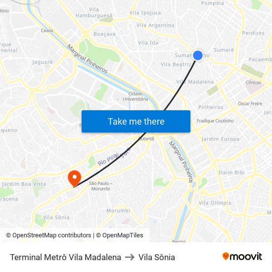 Terminal Metrô Vila Madalena to Vila Sônia map