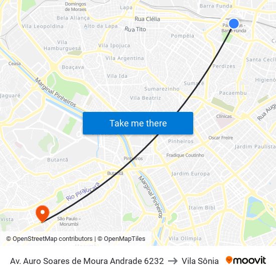 Av. Auro Soares de Moura Andrade 6232 to Vila Sônia map