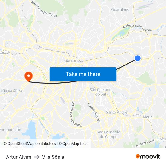 Artur Alvim to Vila Sônia map