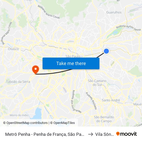 Terminal Metrô Penha Norte - Penha de França, São Paulo to Vila Sônia map
